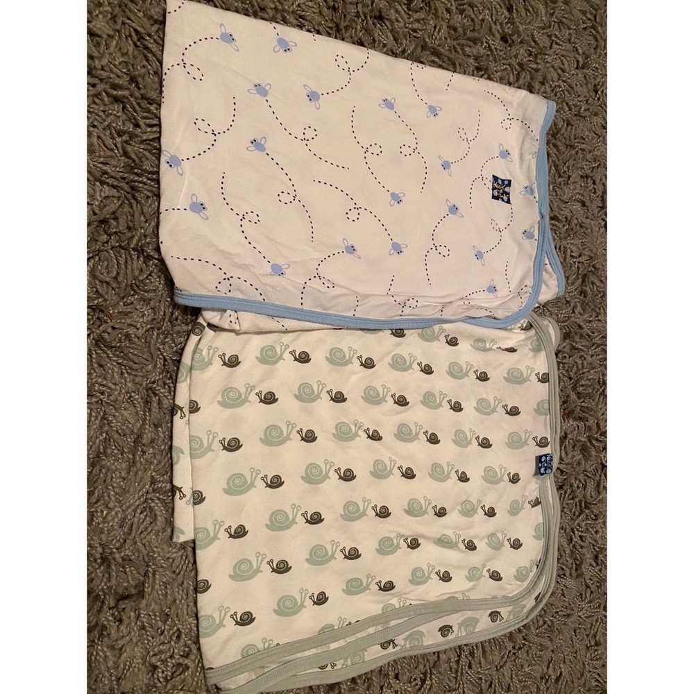 Kickee Pants Lot of 2 Swaddle Blankets Bamboo Viscose Snail Insect Blue Green